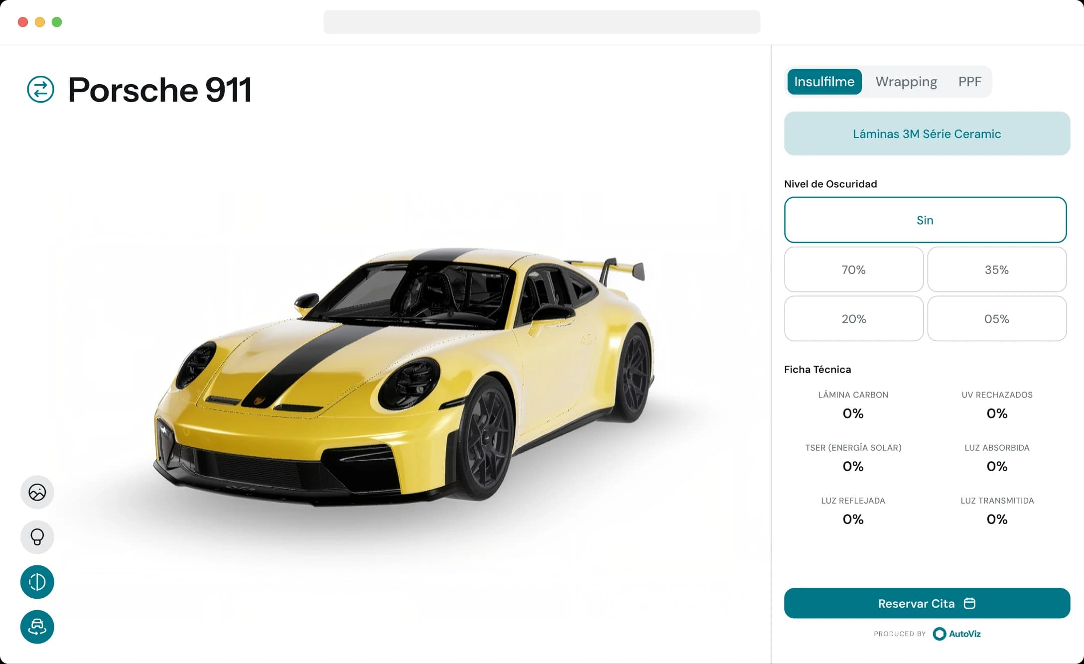 O simulador da AutoViz a mostrar um Porsche 911 amarelo, ao lado dos controlos de películas, envelopamento e PPF.