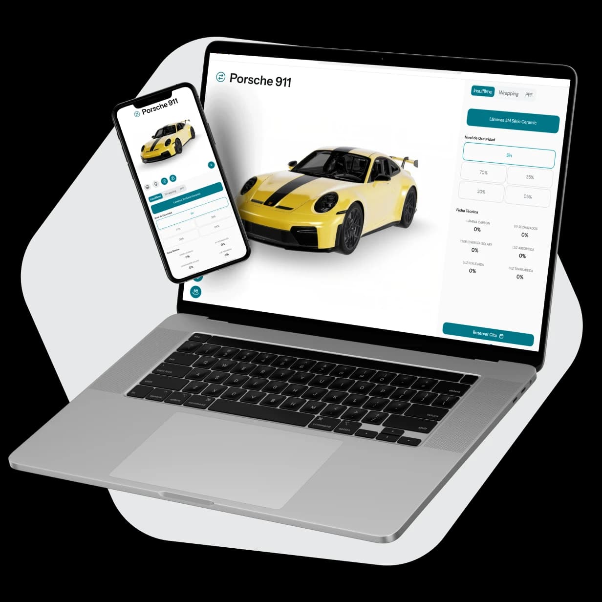 O simulador da AutoViz aberto num portátil e num telemóvel, a mostrar um Porsche 911 com os controlos de acabamento.